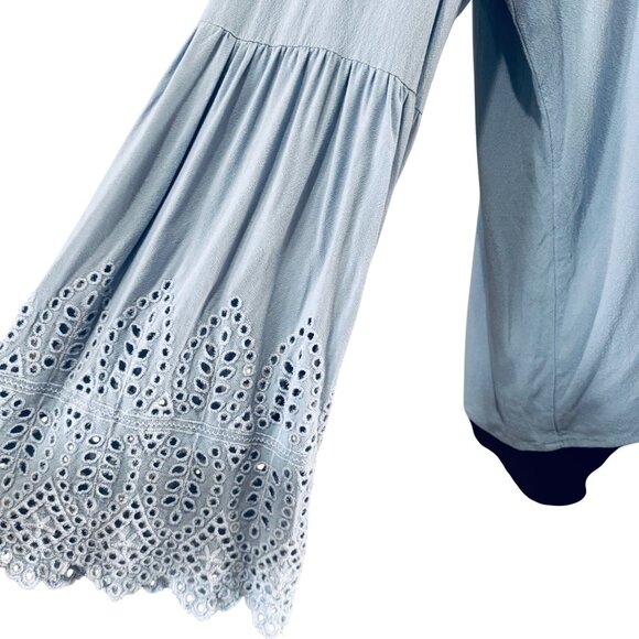 Womens Top M Powder Blue Bell Sleeve Crochet Lace Detail Tie Front - Picture 4 of 8